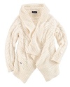 A stylish sweater is rendered in a hearty cable knit with a ribbed shawl collar and open silhouette for a modern look.