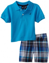 Nautica Infant Boys 2 Piece Solid Polo with Plaid Short Set, Light Aqua, 6/12