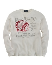 An old-fashioned Polo R.L. & Co logo and a chief graphic lend vintage character to a waffle-knit thermal shirt.