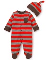 Offspring offers up a classic cuddly look, the soft cotton footie and matching hat, rendered in stripes and contrast trim.