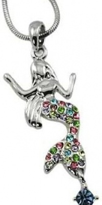 Small Silver Mermaid Charm Necklace with Colorful Rainbow Embellished Crystals