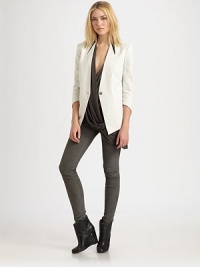 Architectural lines shape this impeccably tailored cropped blazer.Leather point collar insetV necklineThree-quarter sleevesSingle-button closureBodice dartsWelt pocketsBack vent at hemAbout 28 from shoulder to hem44% cotton/29% linen/21% ramie/6% elastaneDry clean by a leather specialistMade in USA of Italian fabricModel shown is 5'9½ (177cm) wearing US size 4.OUR FIT MODEL RECOMMENDS ordering true size. 