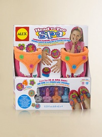 A complete pedicure and slipper decorating kit is the perfect addition to a slumber party. For her pedicure: 3 bottles of kid-friendly nail polish (.23fl oz), 2 toe separators, over 100 nail stickers and a nail file. Decorate a pair of slippers with precut felt shapes that slip on over buttons. Small slipper fits most kids ages 6-8; large fits most kids ages 8-10 Suitable for ages 6 and up Overall, 7½W X 12H X 2½D Imported