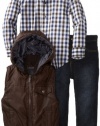 Kenneth Cole Boys 2-7 Puffy Vest with Plaid Shirt and Jean, Brown, 6