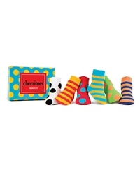 Six pairs of brightly colored socks, one striped and the other polka dotted. Packaged in its own keepsake box, this makes a perfect, practical and fun baby gift.