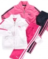 Prep her for playtime in this sporty track jacket and pant set from Puma.