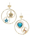 Hit the sand in Betsey Johnson's flirty gypsy hoop earrings. Each delicate hoop features two charms: a turtle with crystal accents, turquoise starfish, blue-colored crystal heart and gold tone crab with glass pearl accent. Crafted in antique gold tone mixed metal with tiny ribbons at post. Approximate drop: 3 inches. Approximate diameter: 2 inches.