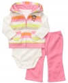 Keep her day colorful with this vibrant 3-piece bodysuit, vest and pant set from Carter's.