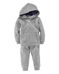 Rendered in luxuriously soft cotton, a hooded sweatshirt and matching athletic pant provide the perfect pairing for lounge or play.