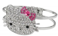 Silver Plated Bangle Bracelet with Large Crystal Kitty Face and Pink Bow