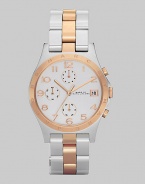 A classic chronograph dial with rose gold accents and bracelet link strap.Quartz movement Water resistant to 3 ATM Logo engraved rose gold bezel Light silver chronograph dial Arabic numeral hour markers Date display at 3 o'clock Second hand Stainless steel and rose gold link bracelet, 18mm, (.71) Imported 