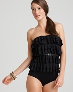 Sleek urban fashionistas will fall for MICHAEL Michael Kors' tiered ruffle maillot. A detachable belt at waist adds stylish sensibility with a bit of edge.