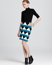 Make a mod statement in this geometric Milly knit dress with mock turtleneck and exposed back zip for a touch of luxe.