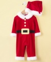 He will spread merriment and joy to everyone in the room in this fun Santa coverall and hat set by First Impressions.