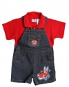 Baby Togs Infant Baby Boys 2 Piece Red Shirt and Denim Shorts Overalls Set