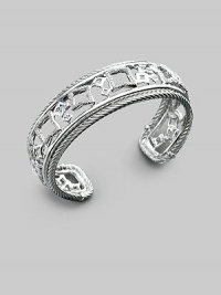 From the Cable and Tapestry Collection. A graceful cuff of sterling silver offers lacy geometric shapes outlined in pavé diamonds with cable trim. Diamonds, 0.62 tcw Sterling silver Cable, 3mm Diameter, about 2¼ Width, about ¾ Made in USA