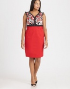 Beyond stunning, a lively abstract print couples perfectly with a classic silhouette with flattering Princess seams and Empire waist.V-necklineSleevelessRuffle detail on shouldersEmpire waistPrincess seamsSide zipperBack ventAbout 24 from natural waist62% cotton/33%nylon/5% spandexDry cleanMade in Italy