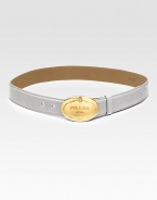 Shiny calfskin with goldtone historical logo buckle. Width, about 1¼ Made in Italy