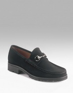 Black suede loafer. Silver horsebit. Lug sole Made in Italy 