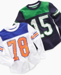 Dress your little quarterback in bright colors and cute style with this Greendog football jersey.