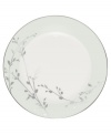 Birch branches grow around this pure white porcelain accent plate from Noritake dinnerware. The dishes of this set turn formal tables into serene landscapes. The contemporary design is refined in polished platinum with a soft gray border and breezy, all-natural beauty.