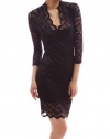 Patty Women Elegant Black V Neck Floral Lace 3/4 Sleeve Cocktail Party Mini Dress