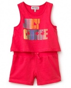 With a colorful tropics-inspired logo print and a roomy double-layered tank, Juicy Couture's printed terry romper gets baby ready for vacation.