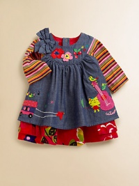 Crafted in cozy cotton, this precious frock has all the right stuff with colorful embroidery, floral prints and a bow for sweet style.Round necklineLong sleevesBack snapsLayered-look hemFully linedCottonMachine wash or dry cleanMade in France of imported fabric Please note: Number of snaps may vary depending on size ordered. 