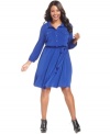 An instant wear-to-work classic: NY Collection's three-quarter-sleeve plus size shirtdress, cinched by a belted waist!