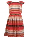 Pleated Front Stripe Chiffon Dress with Gold Belt - Size 16