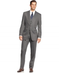 A classic goes cool. This three-piece suit from Calvin Klein is cut in a slim style for the most modern take.