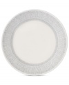 Effortlessly chic, the Simplicity salad plate by Vera Wang Wedgwood features a minimalist shape in casual porcelain lined with neutral gray and cream.