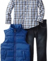 Kenneth Cole Boys 2-7 Puffy Vest with Plaid Shirt and Jean, Blue, 6