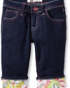 Southpole - Kids Girls 7-16 Denim bermuda short with roll up printed graffiti cuffs and embroidered back pocket, Rinse Indigo, 16