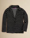 Bright white stripes lend pattern play to this ponte knit blazer for girls. From Aqua.