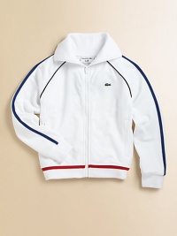 He'll be at the top of his game in this zip-front track jacket with slash pockets and sporty stripes for cool athletic style.Stand collarLong sleevesFull-zip frontSlash pocketsRibbed cuffs and hemFully linedPolyesterMachine washImported