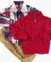 This sweater, plaid shirt and pants set by Nautica will have him looking sweet and spiffy.