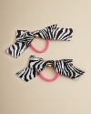 This wildly cute hair accessory features a ziger bow with a heart charm and a hot pink elastic.