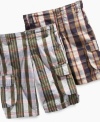 One style that little guys and their moms both love: Pull-on cargo shorts in preppie plaids from Greendog. (Clearance)