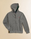 A fleece full-zip pony hoodie features signature details for heritage style.Attached hoodLong sleeves with ribbed cuffsFull-zip frontSplit kangaroo pocketsRibbed hemCotton/PolyesterMachine washImported