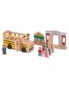 The school bus is here! There's a friendly driver at the wheel and room for six happy passengers in this 10-piece wooden play set. With easy-rolling wheels and doors that open and close, this exciting set creates an interactive scene designed to inspire limitless play.