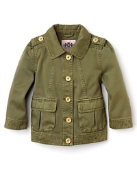 Juicy Couture offers up the softer side of the army look. The military jacket has 3/4 sleeves, rounded collar and pockets and logo buttons along the front.