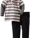 Calvin Klein Baby-boys Infant Stripes Polo Top With Jean, Red/Gray, 12 Months