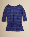 A fun multi stripe and gathered waist accent this knit top.