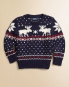 A classic crewneck pullover is updated in a reindeer intarsia knit that is perfect for the colder months.Ribbed crewneckLong sleeves with ribbed cuffsPullover styleRibbed hemCottonMachine washImported