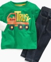 Rev up his boyish style with this adorable shirt and pant set from Kids Headquarters.