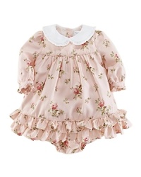 A pretty Peter Pan collar and sweet ruffles adorn this lightweight twill floral dress that comes with a matching bloomer.