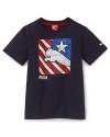 PUMA's cool cotton team tee sports distressed print on the front and back, touting proudly the good old US of A.