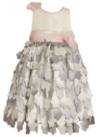 Bonnie Jean Girls 2-6X Shantung Bodice Empire Waist Dress with Die Cut Flowers On Skirt, Silver, 6X