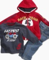 Set him on the fast track to comfort and cool casual style with this fun shirt, jean and hoodie set from Nannette.